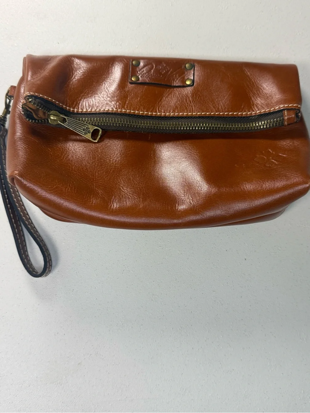 Patricia Nash Valerie Fold Over Cognac Brown Leather Wristlet Pouch Clutch